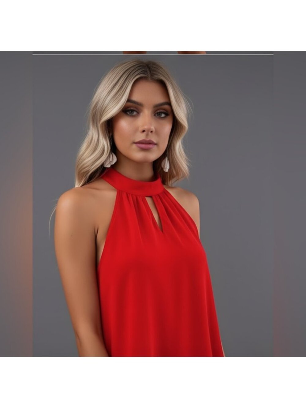 Red Layered Hem Halter Neck Dress - Picture 2 of 9